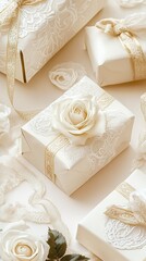 Elegant White Wedding Gift Boxes with Lace and Roses