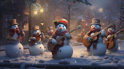 A whimsical snowman orchestra playing festive tunes, filling the winter air with the joyous sounds of Christmas merriment.