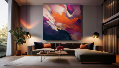 Modern Living Room with Oversized Abstract Canvas Artwork on Wall