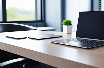 A sleek office desk featuring a modern laptop, a tablet, and a small potted plant in a minimalist workspace with natural light streaming through the large windows