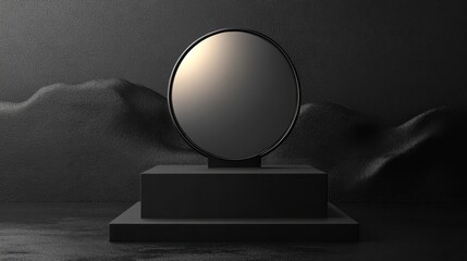 Oval mirror on black platform against dark background