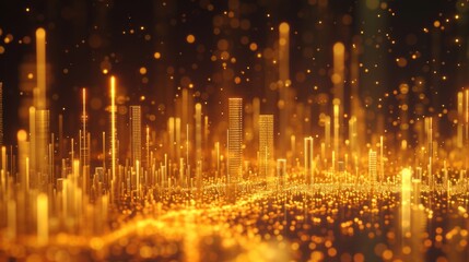 Obraz premium A golden digital skyline formed from glowing blocks, symbolizing financial growth and technological advancement. Represents modern cities of the future. AI generated.