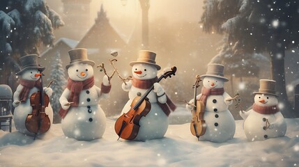 A whimsical snowman orchestra playing festive tunes, filling the winter air with the joyous sounds of Christmas merriment.