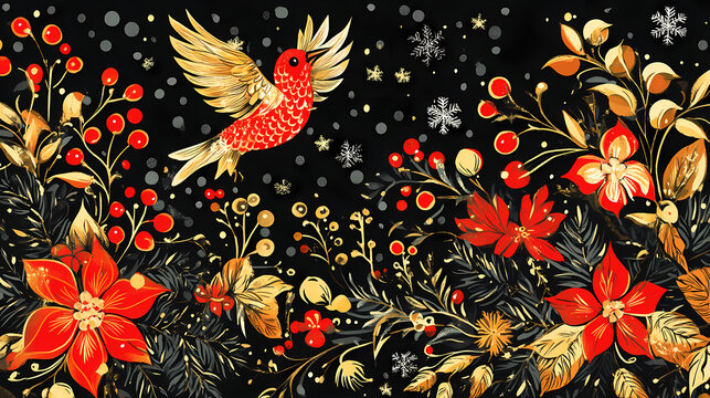 Traditional christmas and new year background in russian khokhloma style. Folk. Illustration