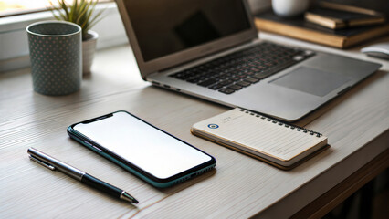 Modern workspace with laptop, smartphone, notebook, and pen on wooden desk. Mockup mobile phone image.