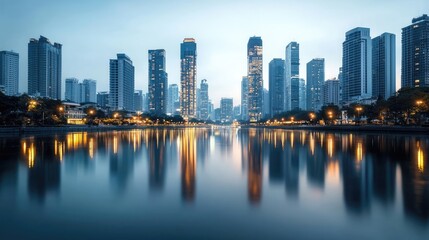Fototapeta premium City skyline at dusk reflecting on calm water, serene urban landscape with glowing lights.
