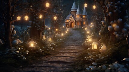 A woodland path lined with luminous lanterns, guiding the way to a hidden clearing where Christmas magic awaits.