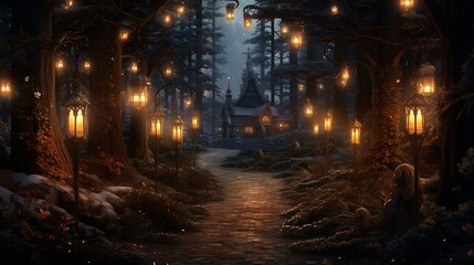 A woodland path lined with luminous lanterns, guiding the way to a hidden clearing where Christmas magic awaits