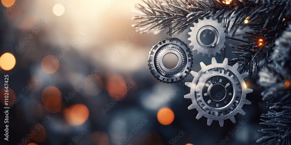 Poster steampunk christmas tree with metallic gears on bokeh background