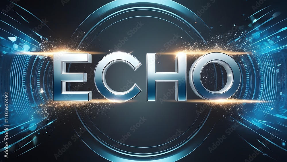Aufkleber 3d metallic echo text with glowing light effects and futuristic tech background.