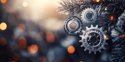 Steampunk Christmas Tree with Metallic Gears on Bokeh Background