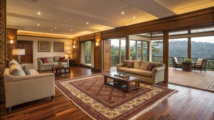 Stylish lodging showcasing hardwood floors intricate rugs and cozy seating areas for relaxation.