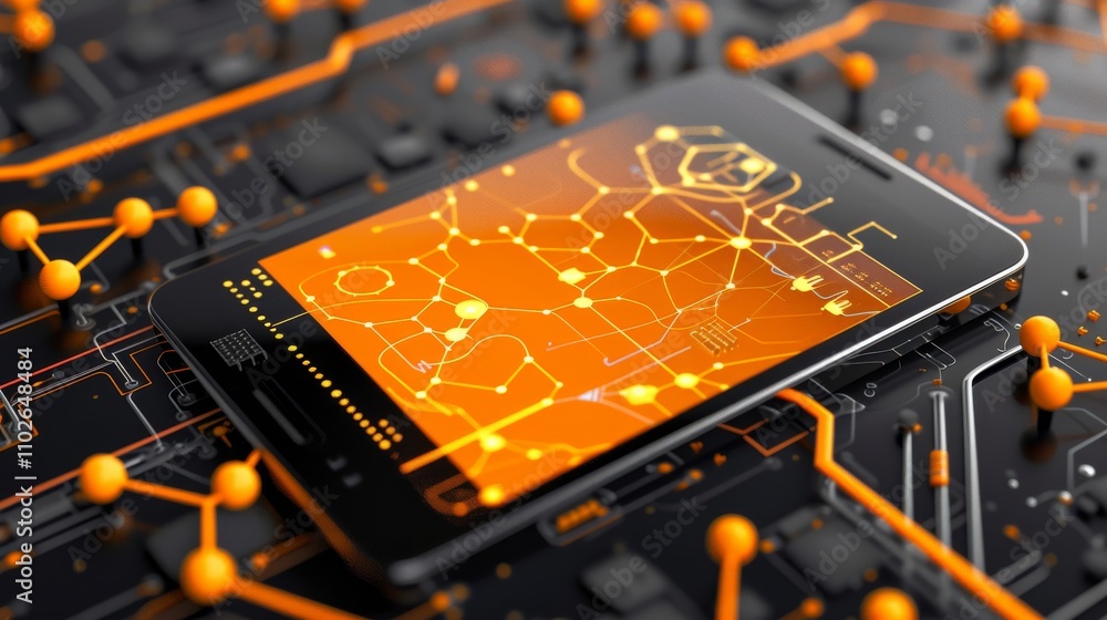 Poster a close-up of a digital smartphone featuring a futuristic orange network interface, highlighting adv
