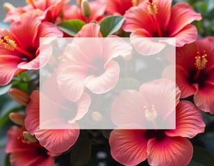Obraz premium Vibrant hibiscus flowers bloom and soft translucent background for text, enhancing the natural beauty. The soft light adds a peaceful ambiance to the tropical setting. Background for tea packaging. AI