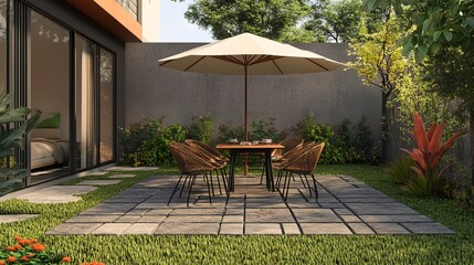 A patio featuring a table, chairs, and an umbrella in a grassy area adjacent to a house 