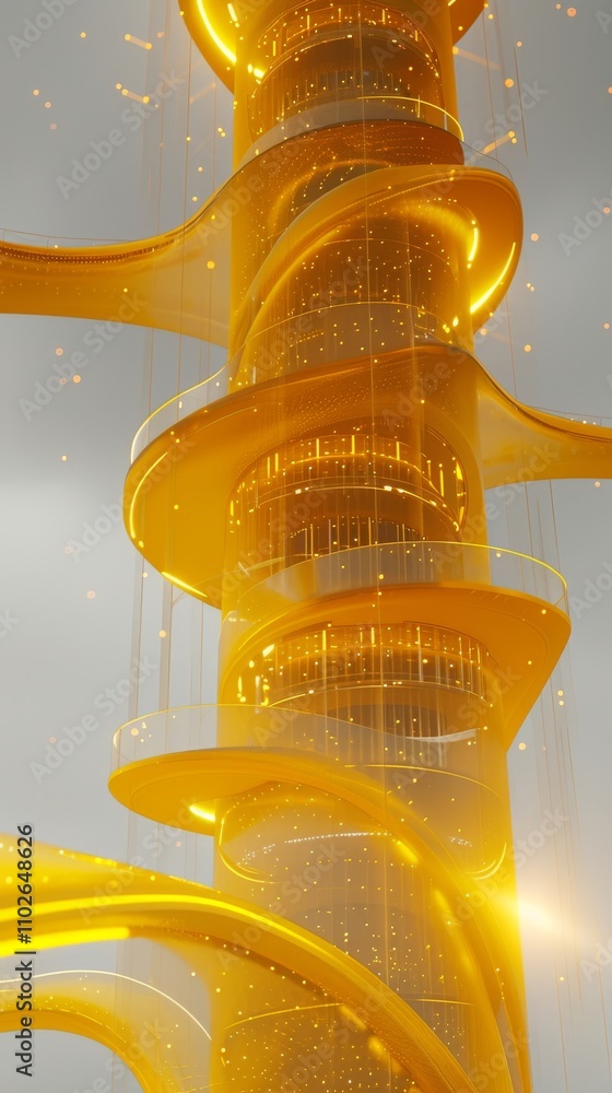 Poster an abstract tower in glowing gold, featuring spiral design elements that twist around the structure.