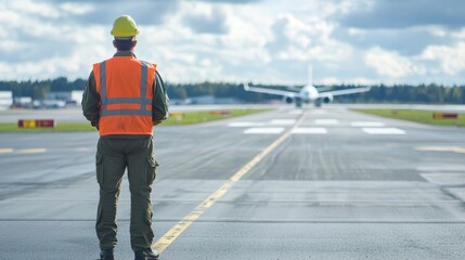 A ground crew worker inspecting a runway for debris before a flight, ensuring safety for takeoff.
