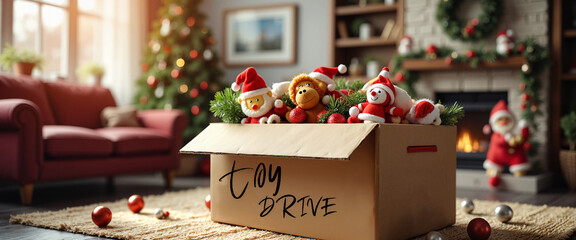 Christmas toy drive box in cozy living room