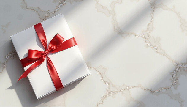 White gift box with red ribbon on marble background