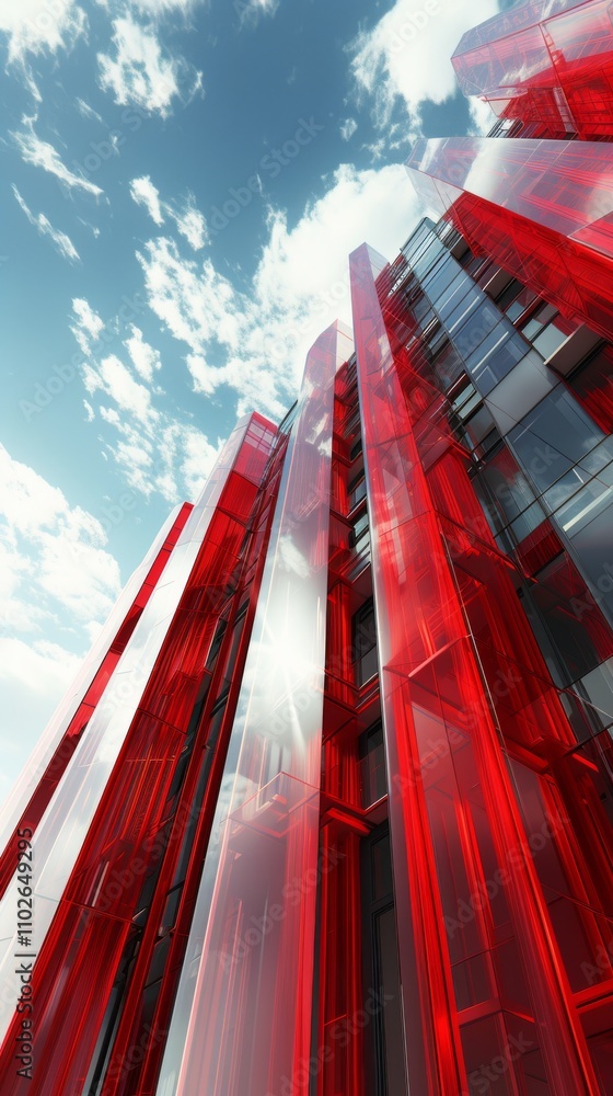 Poster dramatic abstract view of red glass panels on a modern building, reflecting the sky and creating a b