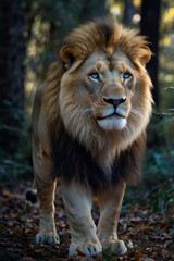 Fototapeta premium An elegant male lion with blue eyes, looks so strong and dominant