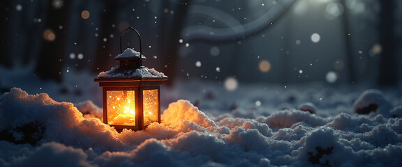 Glowing lantern in snow at night