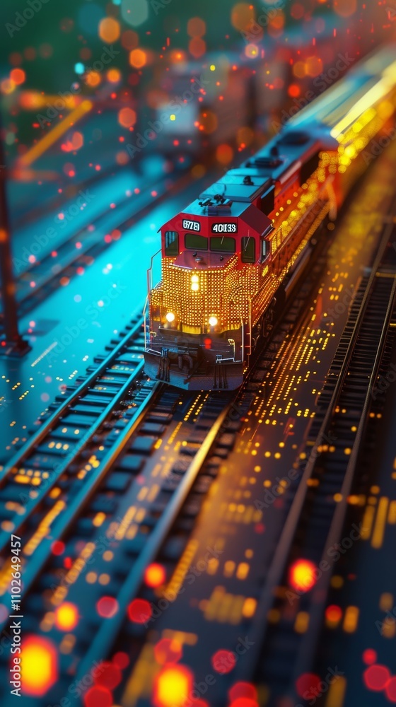 Poster a modern train speeding on a railway surrounded by glowing digital lights, creating a blend of techn
