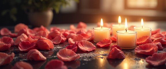 Romantic candles with rose petals on table
