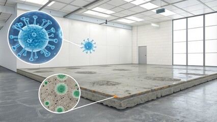 Selfrepairing concrete emerges in a clean room with embedded microorganisms visibly responding to damage by releasing healing agents.