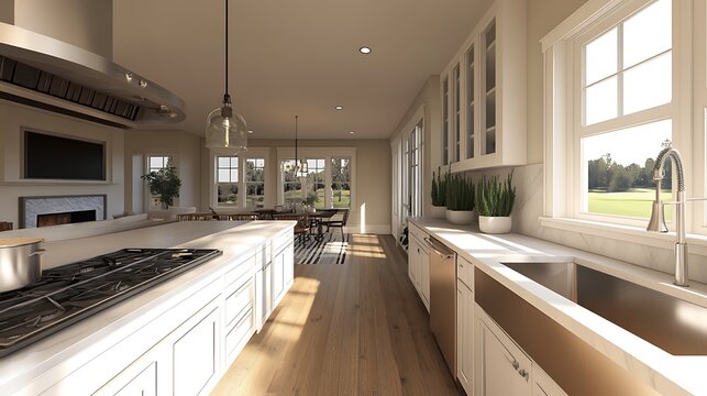 A spacious kitchen with a large stainless steel sink, high-tech appliances, and a clean, functional layout 