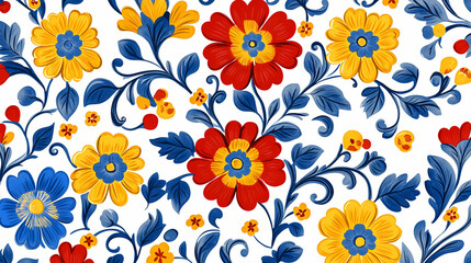 Naklejka premium Seamless tile floral pattern with bold red yellow blue flowers leaves on white folk inspired vintage style repeat print europeon old french wallpaper vibrant motif festive ethnic. Folk. Illustration