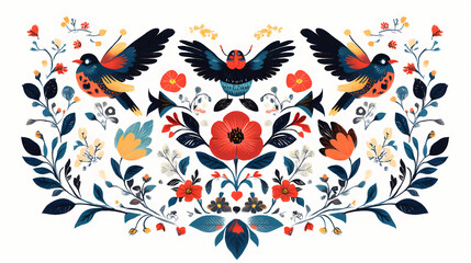 Obraz premium Set of symmetrical ornament with bird, insect, flowers and leaves with different folk compositions. Folk. Illustration