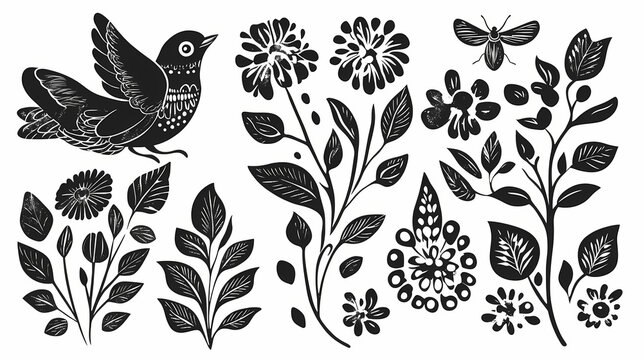 Set of symmetrical ornament with bird, insect, flowers and leaves with different folk compositions. Folk. Illustration