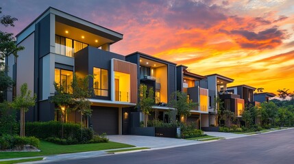 Fototapeta premium Modern residential houses in a row with distinct colors and landscaping during dusk 