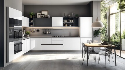 A spotless modern kitchen with a fresh design, bright surfaces, and efficient organization 
