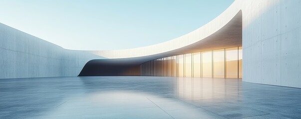 Minimalist Modern Architecture Building with Curved White Concrete Walls and Open Plaza Empty Space