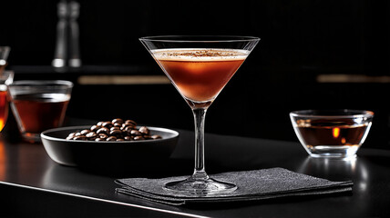 Espresso martini cocktail with coffee beans on dark background