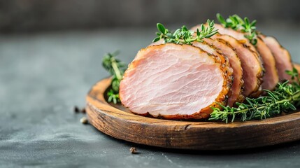 Sliced ham garnished with fresh herbs on a wooden plate.