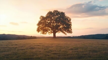 Solitary tree under a colorful sunset in an expansive field.