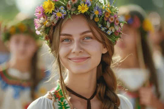 Young Woman in Traditional Dress with Flower Wreath Celebrating Swedish Midsummer Festival