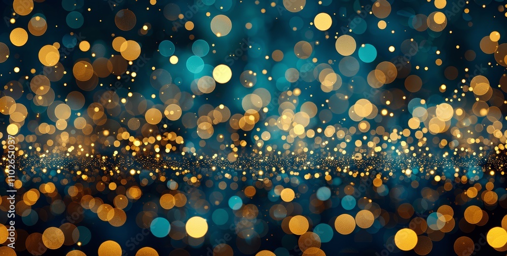 Poster dark blue and gold particle abstract background with golden light shine particles bokeh and navy blu