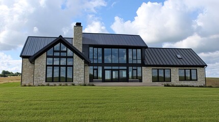 Obraz premium A sleek, modern farmhouse with large windows and an expansive front yard in the middle of Wisconsin, overlooking green grass, a cloudy blue sky, natural stone exterior walls, black steel roof lines.