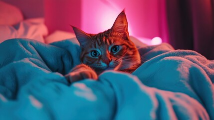 Cozy orange cat sleeping in fluffy blue blanket with soft lighting concept of house cleaning