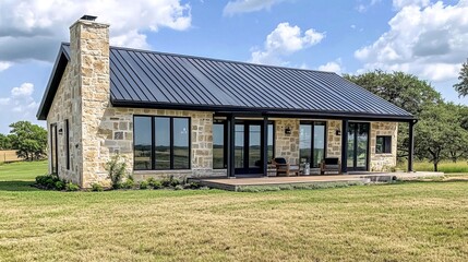 Obraz premium A modern farmhouse with a stone exterior and a black metal roof, showcasing large windows overlooking the Texas countryside. The house has an open-concept design with a focus on natural light.