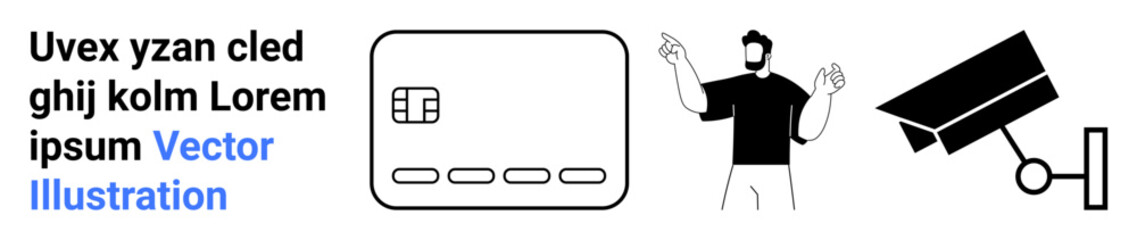 Businessman gesturing, credit card and security camera icons. Ideal for business, finance, technology, security, marketing, e-commerce communication. Landing page