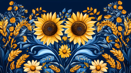 Greeting card for ukraine independence day with ukrainian folk elements as sunflower, wheat, blue and yellow colors. Folk. Illustration