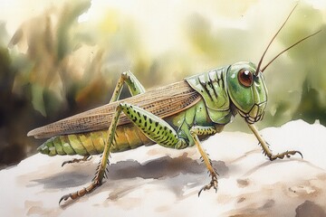 A detailed illustration of a green grasshopper on a natural background.