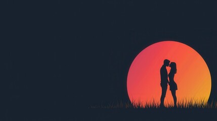 Silhouettes of a couple kissing under a colorful sunset