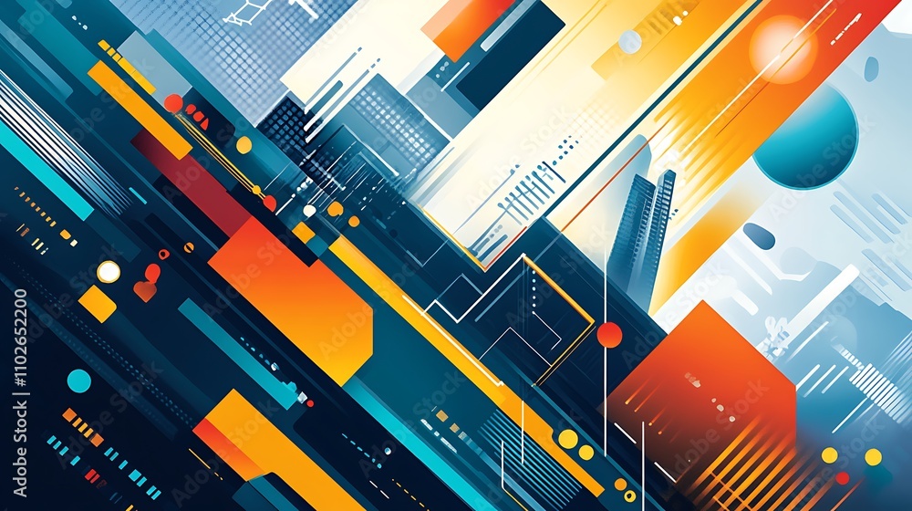 Poster abstract geometric composition of intersecting shapes and lines in vibrant colors