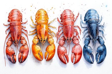 A vibrant watercolor illustration of four lobsters in different colors.